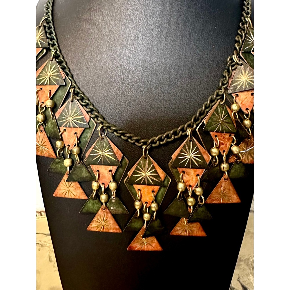 Mid-Century Artisan Bib Necklace Brass Copper Etched Geometric Mixed Metal